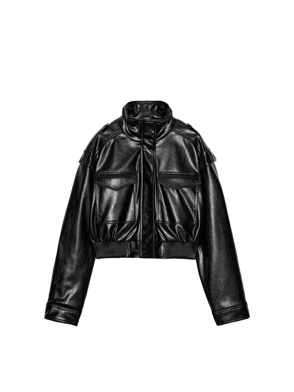 Zara Black Cropped Faux Leather Military Bomber Jacket